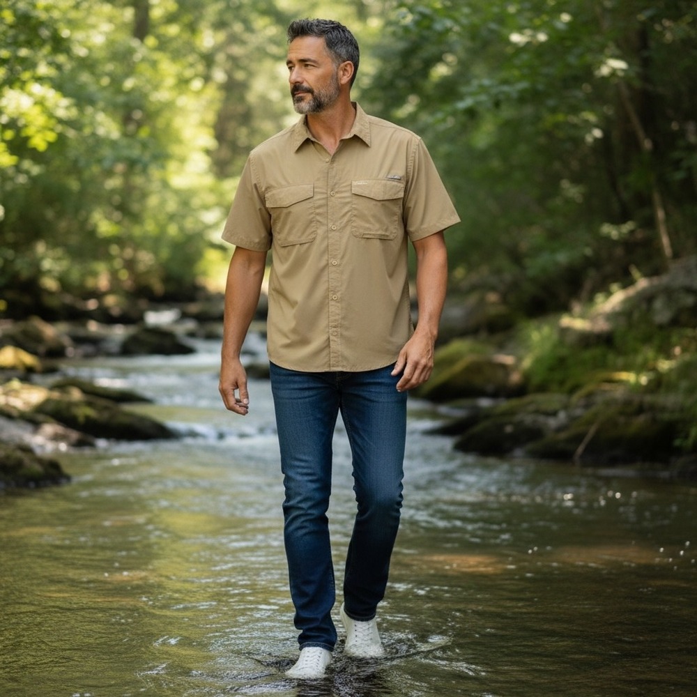 Simms Mens Short Sleeve Button Down Shirt Tan Khaki Cotton Fishing Large L